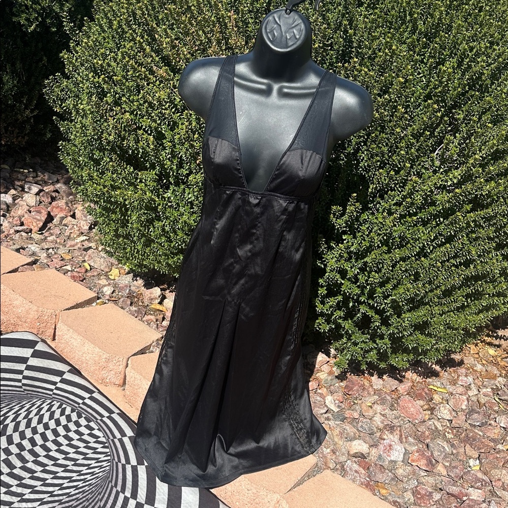 Victoria's Secret Small black satin slip dress w/mesh panels-used-good condition